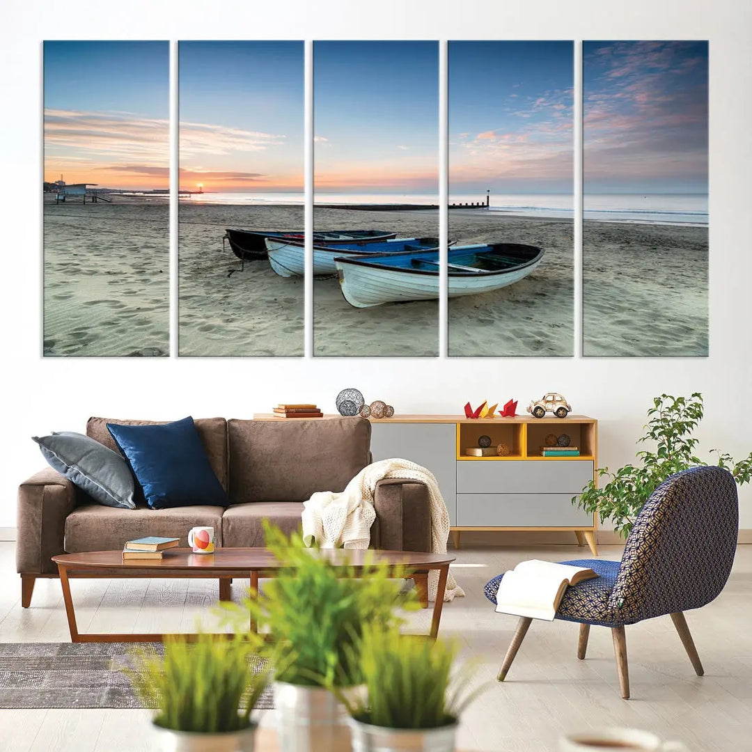 Small Boats on Beach Sunset Wall Art Canvas Print Coastal Wall Decor