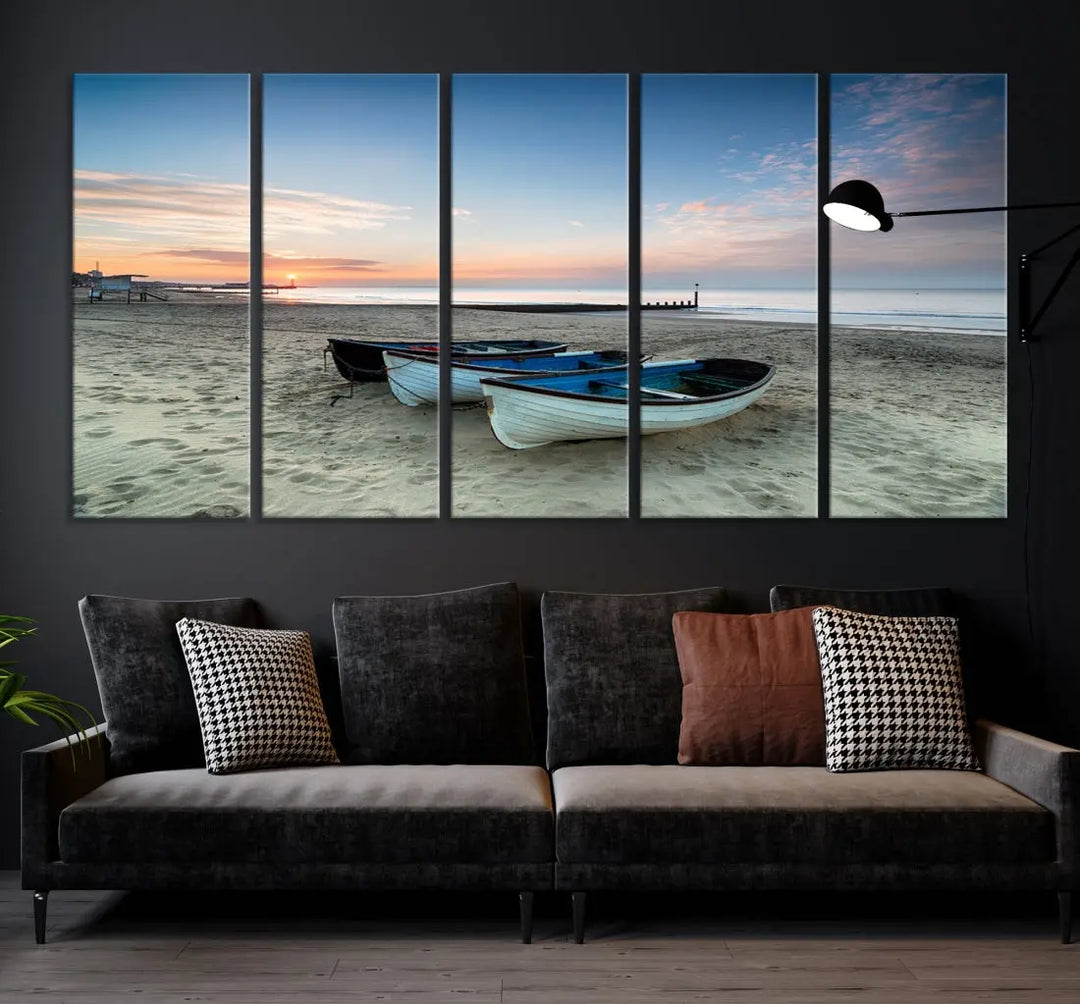 Small Boats on Beach Sunset Wall Art Canvas Print Coastal Wall Decor