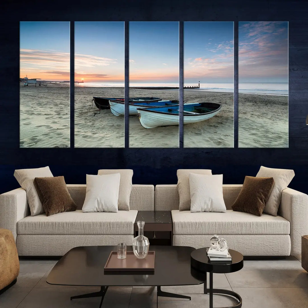 Small Boats on Beach Sunset Wall Art Canvas Print Coastal Wall Decor