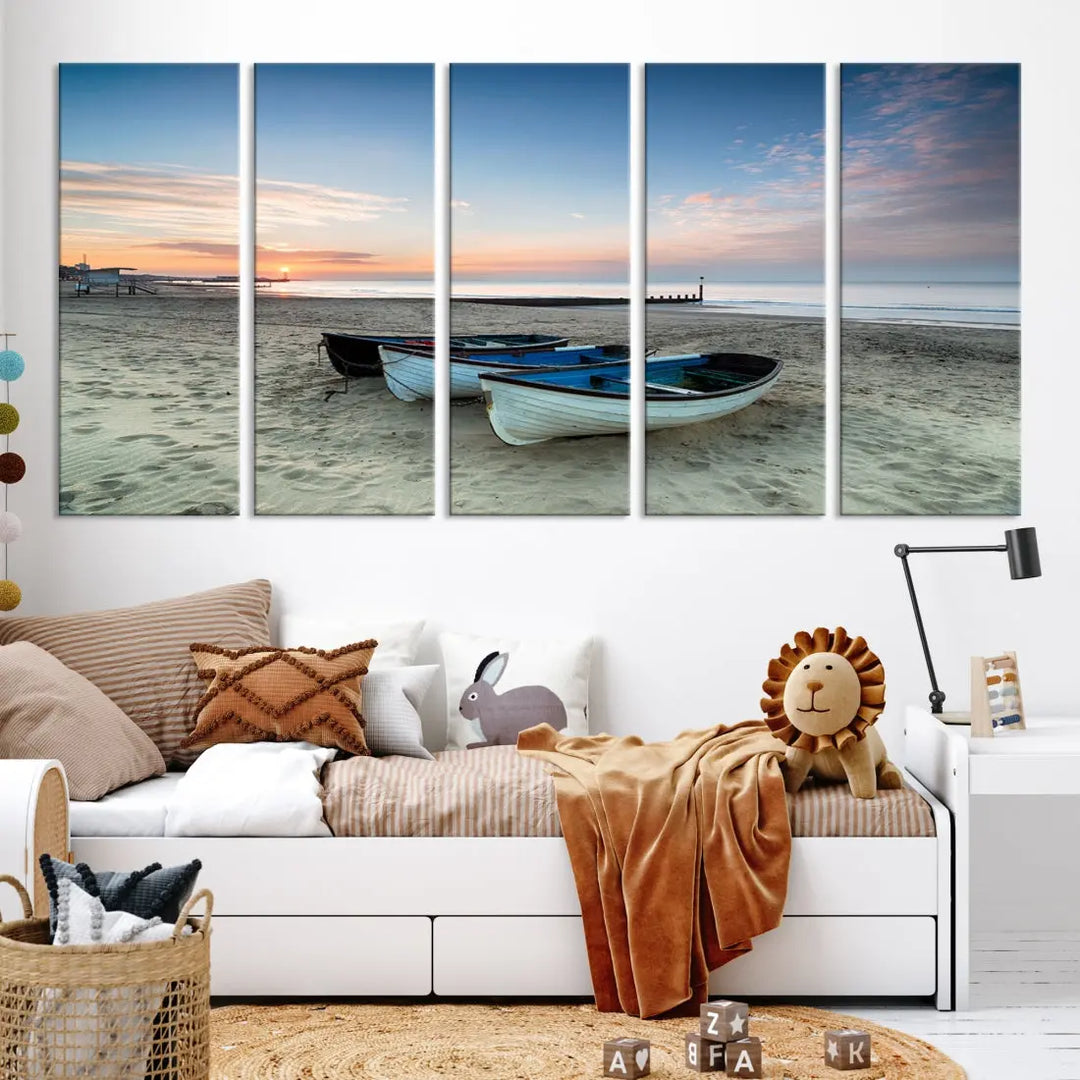 Small Boats on Beach Sunset Wall Art Canvas Print Coastal Wall Decor