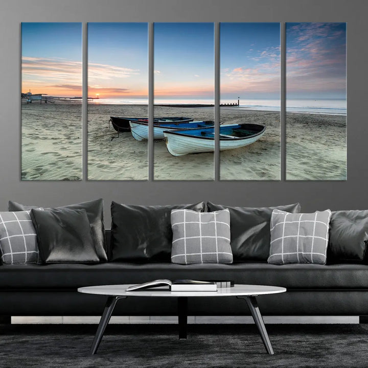 Small Boats on Beach Sunset Wall Art Canvas Print Coastal Wall Decor