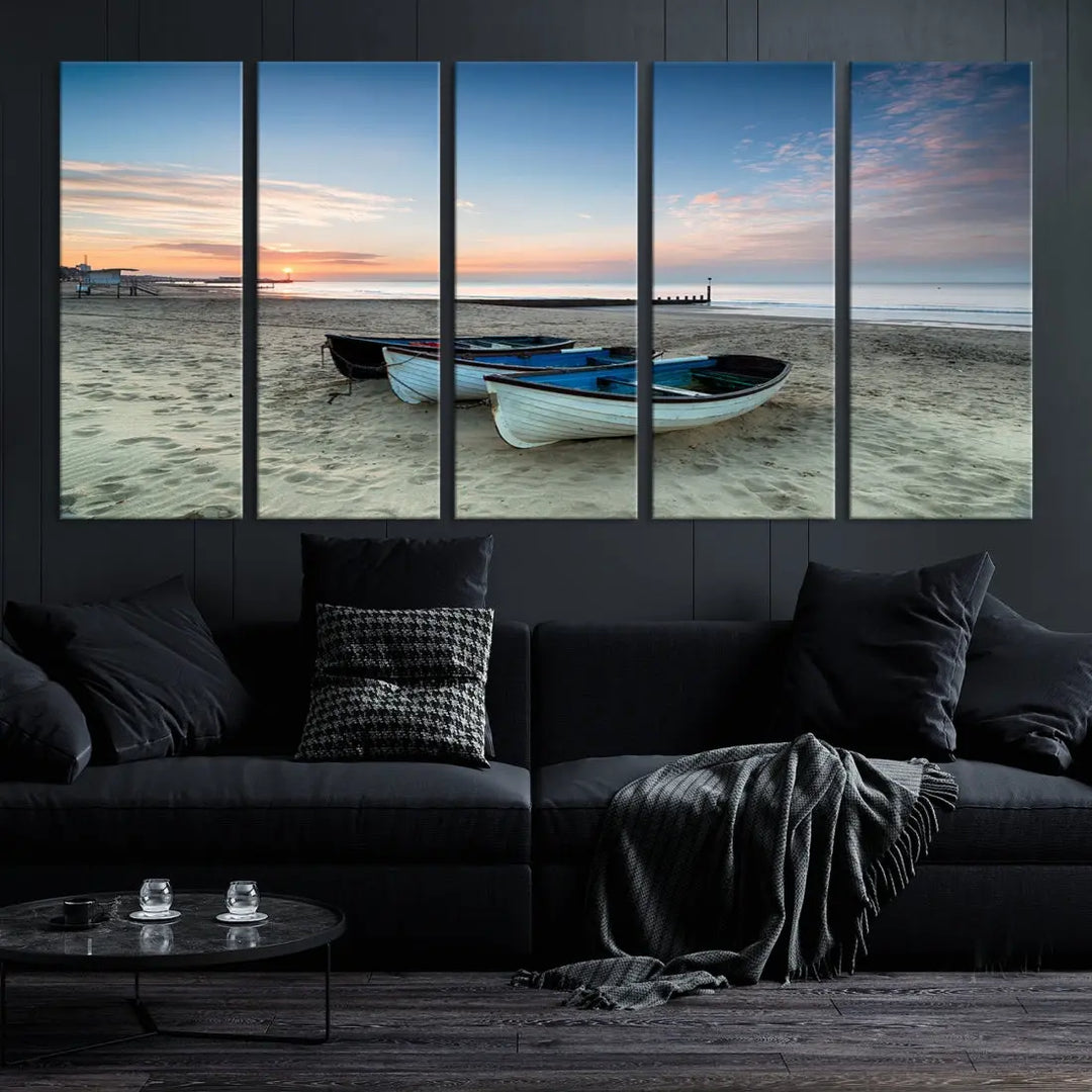 Small Boats on Beach Sunset Wall Art Canvas Print Coastal Wall Decor