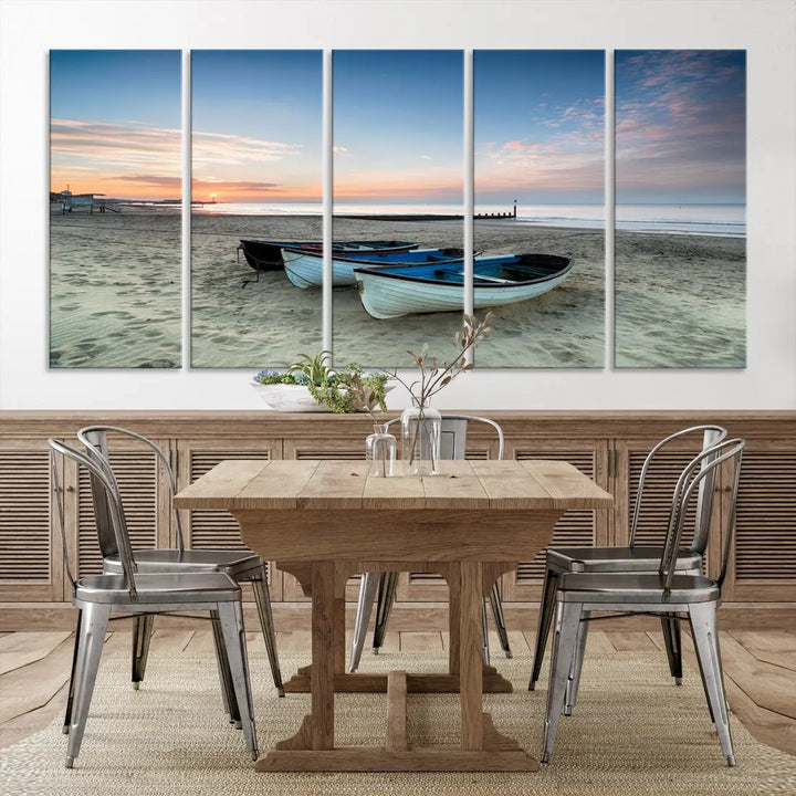 Small Boats on Beach Sunset Wall Art Canvas Print Coastal Wall Decor