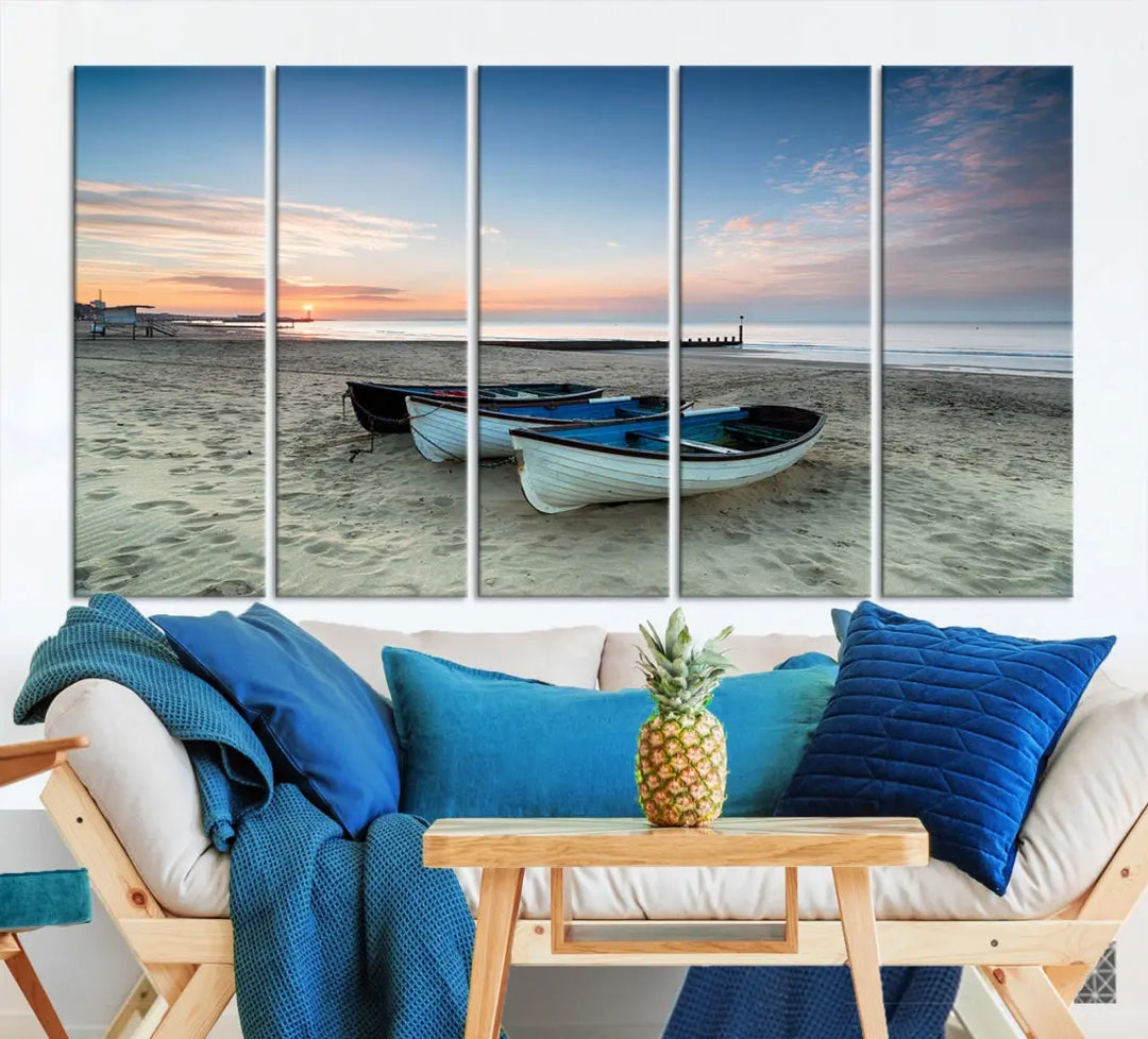 Small Boats on Beach Sunset Wall Art Canvas Print Coastal Wall Decor