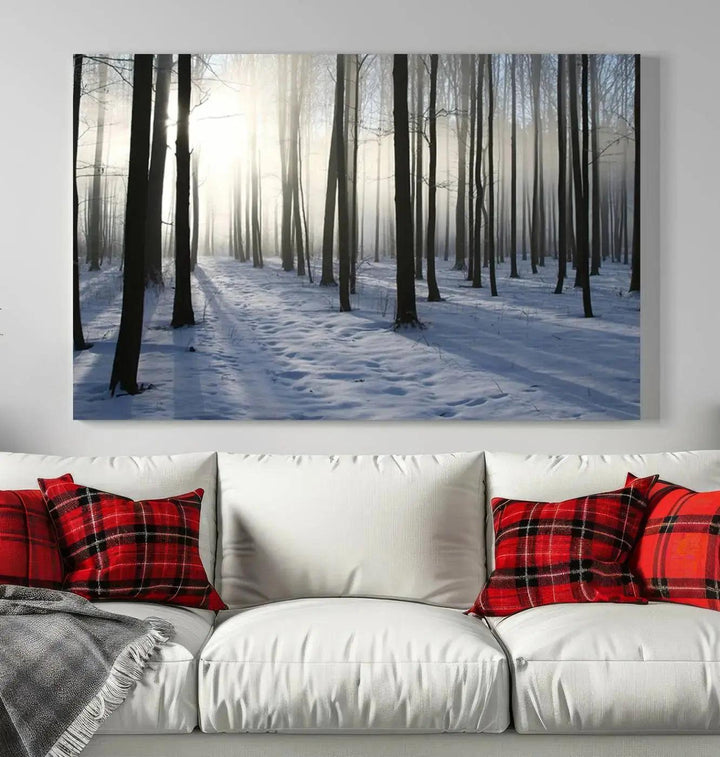 Snowy Forest with Sunshine in Winter Large Wall Art Canvas Print