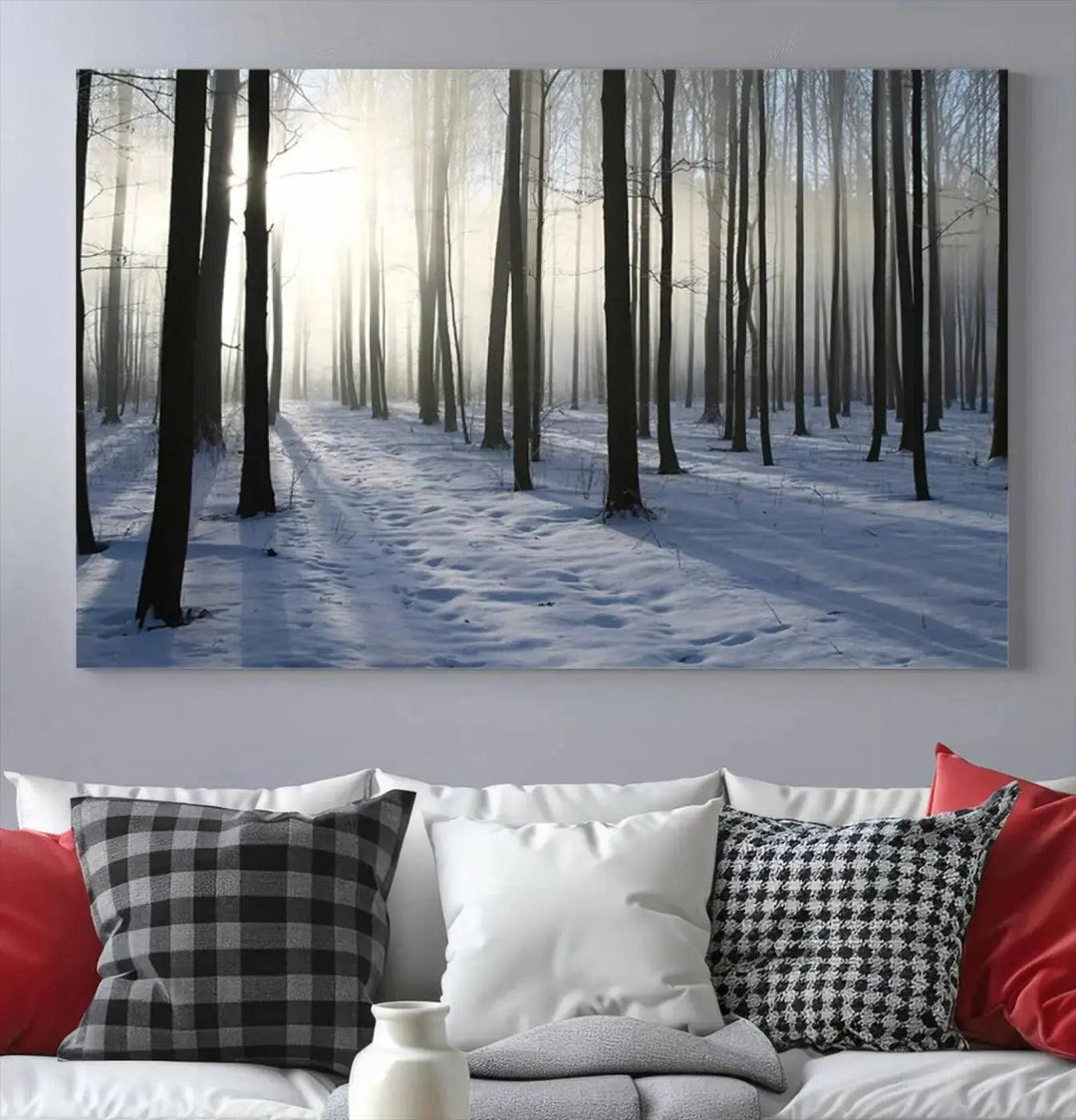 Snowy Forest with Sunshine in Winter Large Wall Art Canvas Print