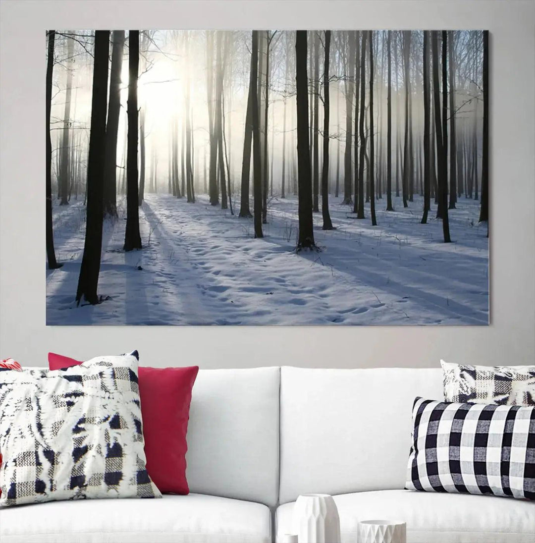 Snowy Forest with Sunshine in Winter Large Wall Art Canvas Print