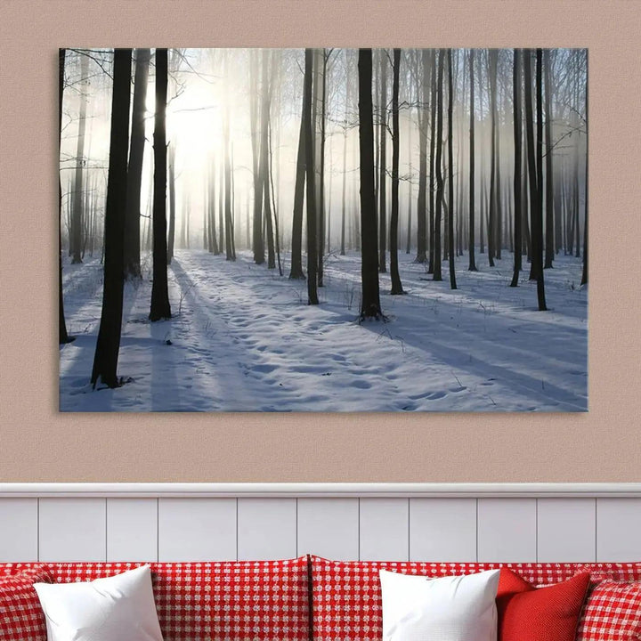 Snowy Forest with Sunshine in Winter Large Wall Art Canvas Print