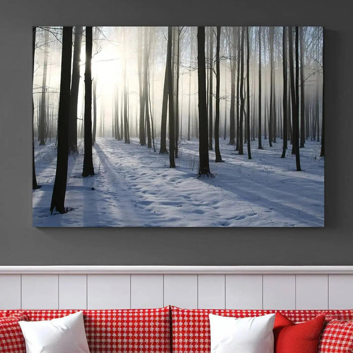 Snowy Forest with Sunshine in Winter Large Wall Art Canvas Print