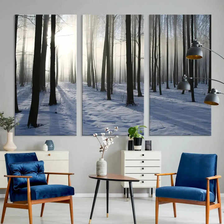 Snowy Forest with Sunshine in Winter Large Wall Art Canvas Print