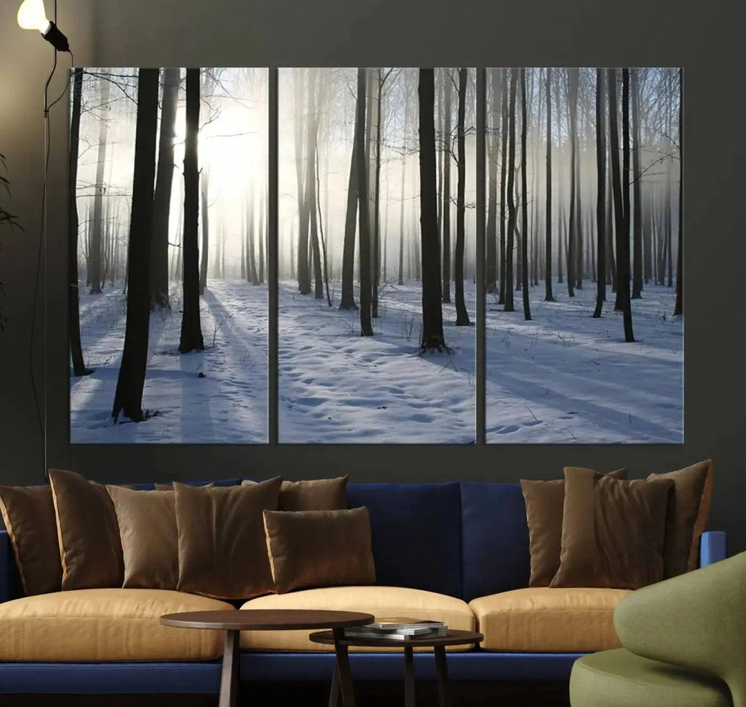 Snowy Forest with Sunshine in Winter Large Wall Art Canvas Print