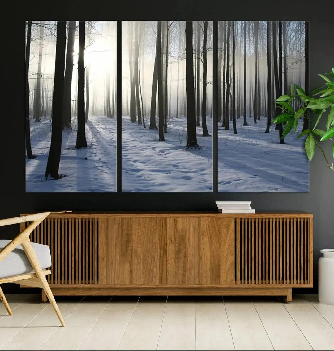 Snowy Forest with Sunshine in Winter Large Wall Art Canvas Print