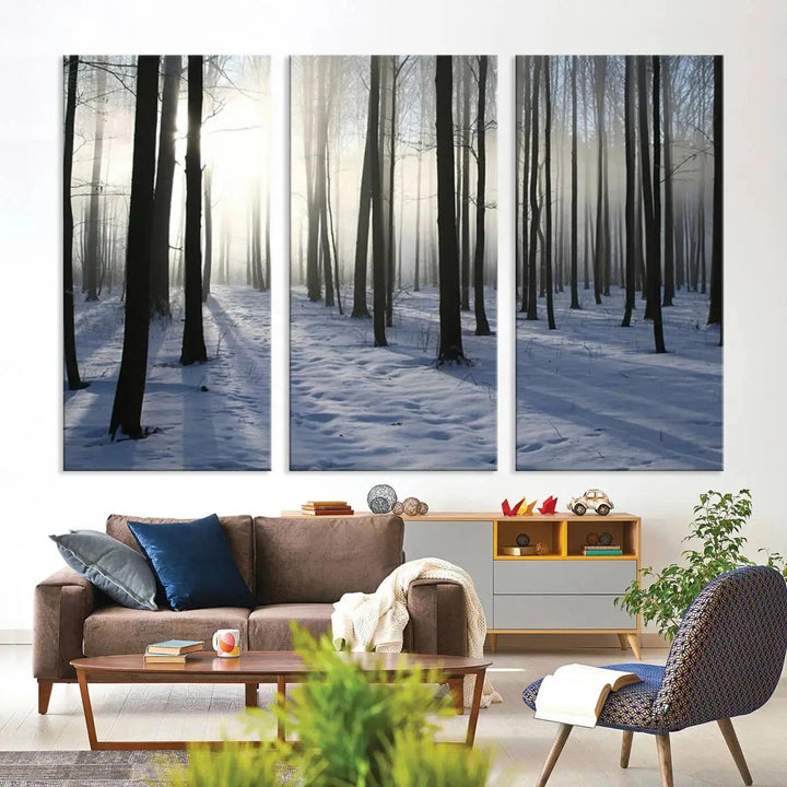 Snowy Forest with Sunshine in Winter Large Wall Art Canvas Print