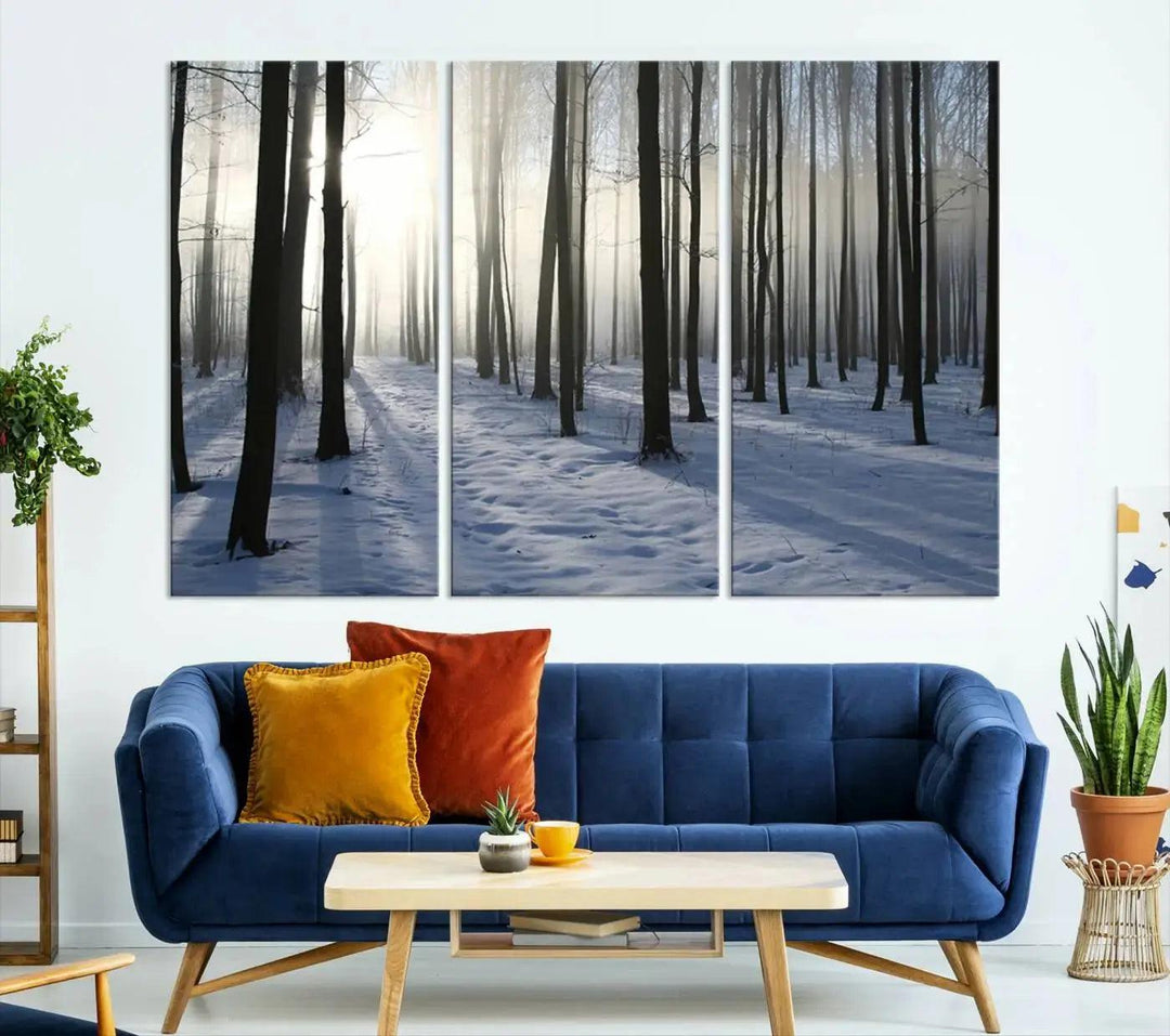 Snowy Forest with Sunshine in Winter Large Wall Art Canvas Print