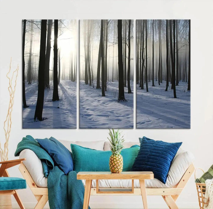 Snowy Forest with Sunshine in Winter Large Wall Art Canvas Print