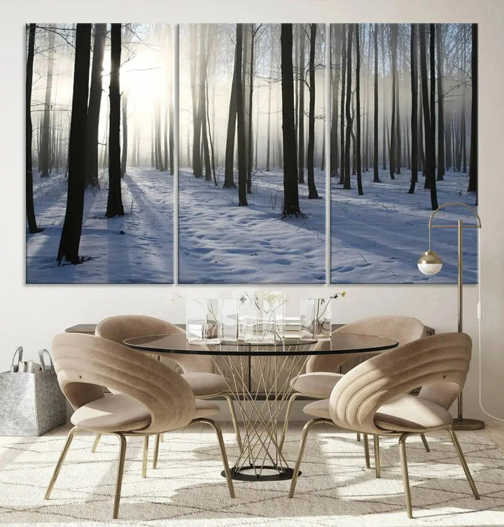 Snowy Forest with Sunshine in Winter Large Wall Art Canvas Print