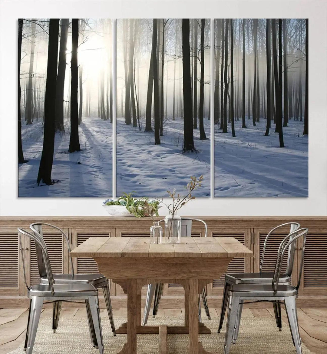 Snowy Forest with Sunshine in Winter Large Wall Art Canvas Print