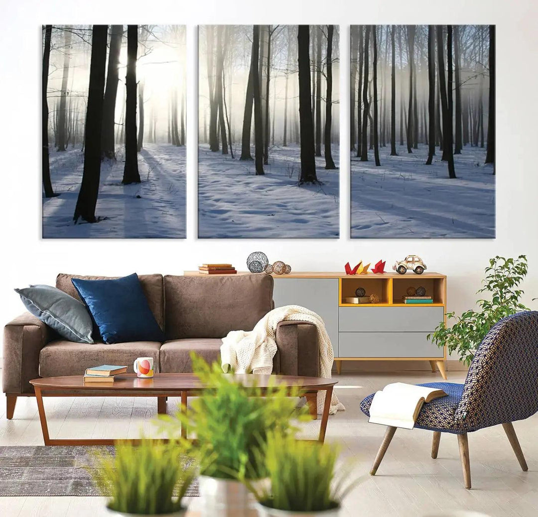 Snowy Forest with Sunshine in Winter Large Wall Art Canvas Print