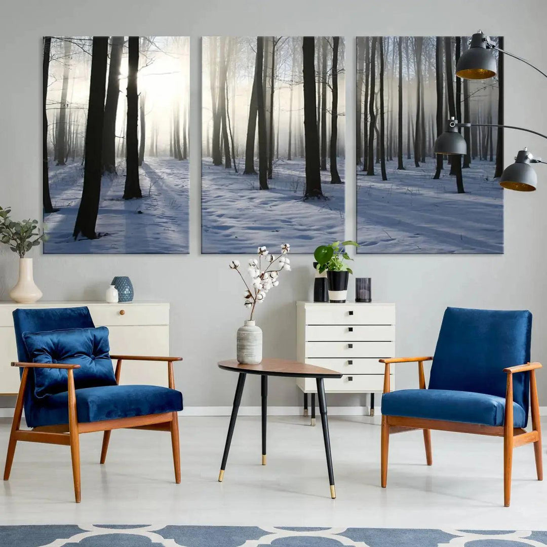 Snowy Forest with Sunshine in Winter Large Wall Art Canvas Print