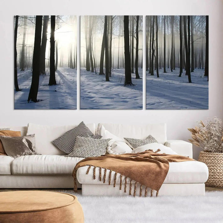 Snowy Forest with Sunshine in Winter Large Wall Art Canvas Print