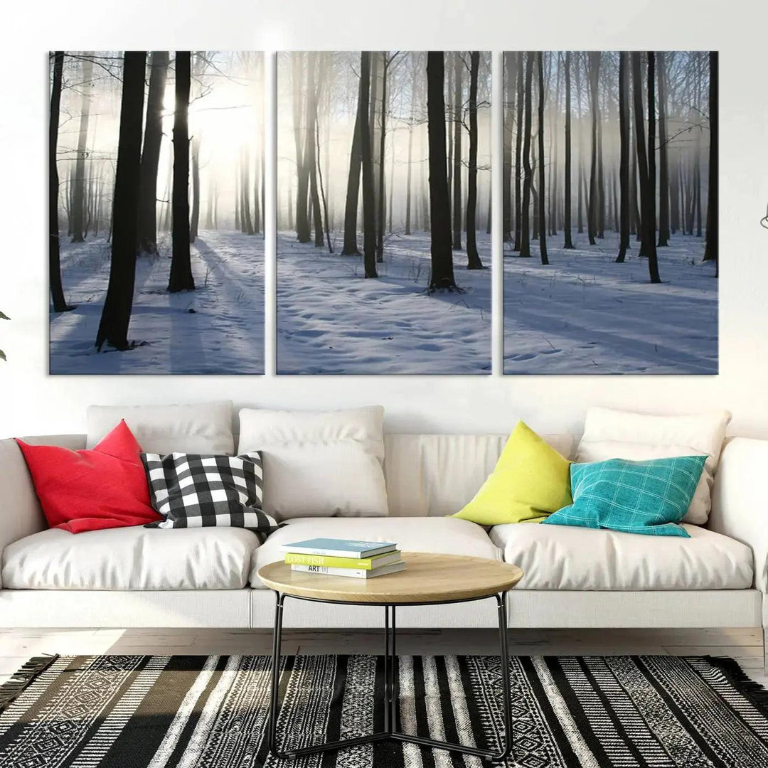 Snowy Forest with Sunshine in Winter Large Wall Art Canvas Print