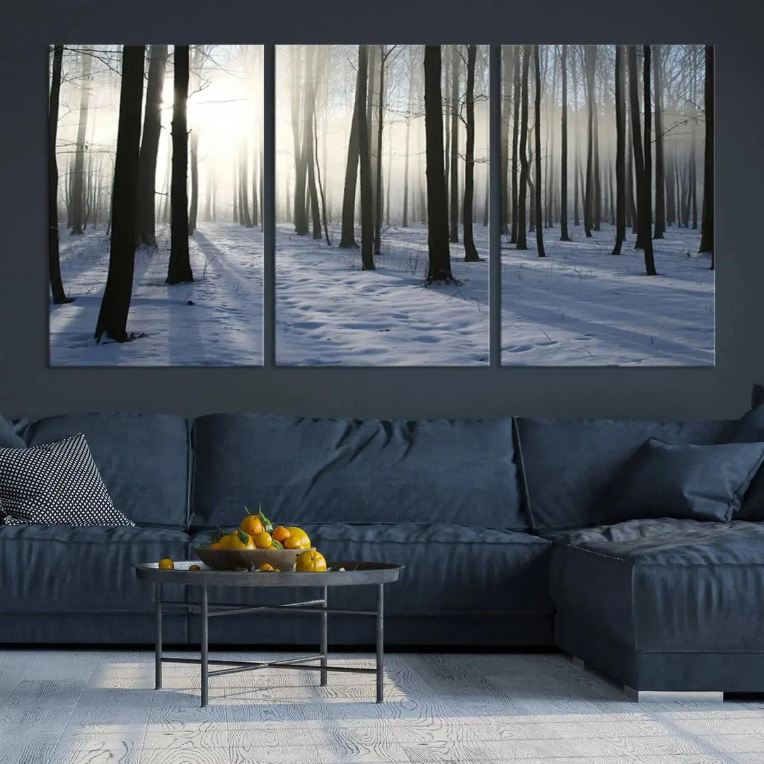 Snowy Forest with Sunshine in Winter Large Wall Art Canvas Print