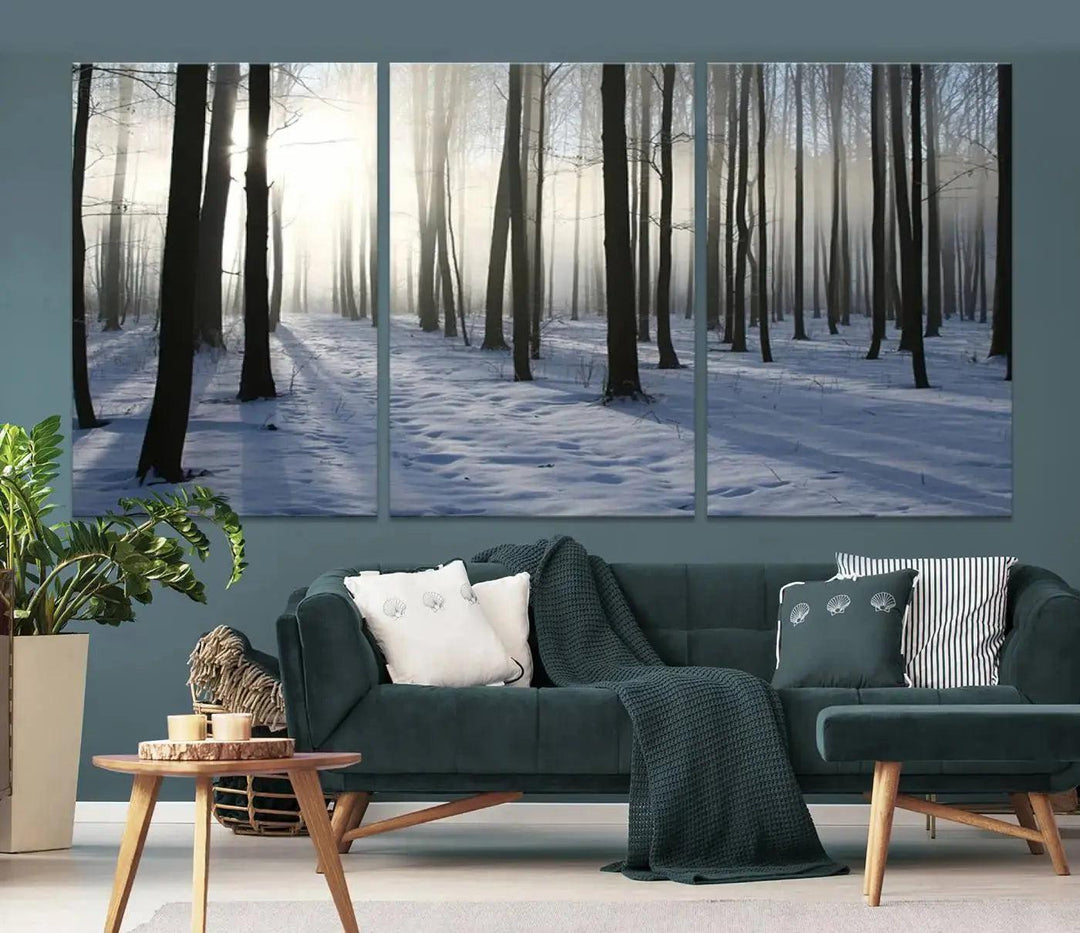 Snowy Forest with Sunshine in Winter Large Wall Art Canvas Print