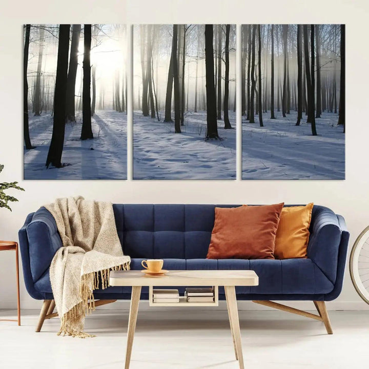 Snowy Forest with Sunshine in Winter Large Wall Art Canvas Print