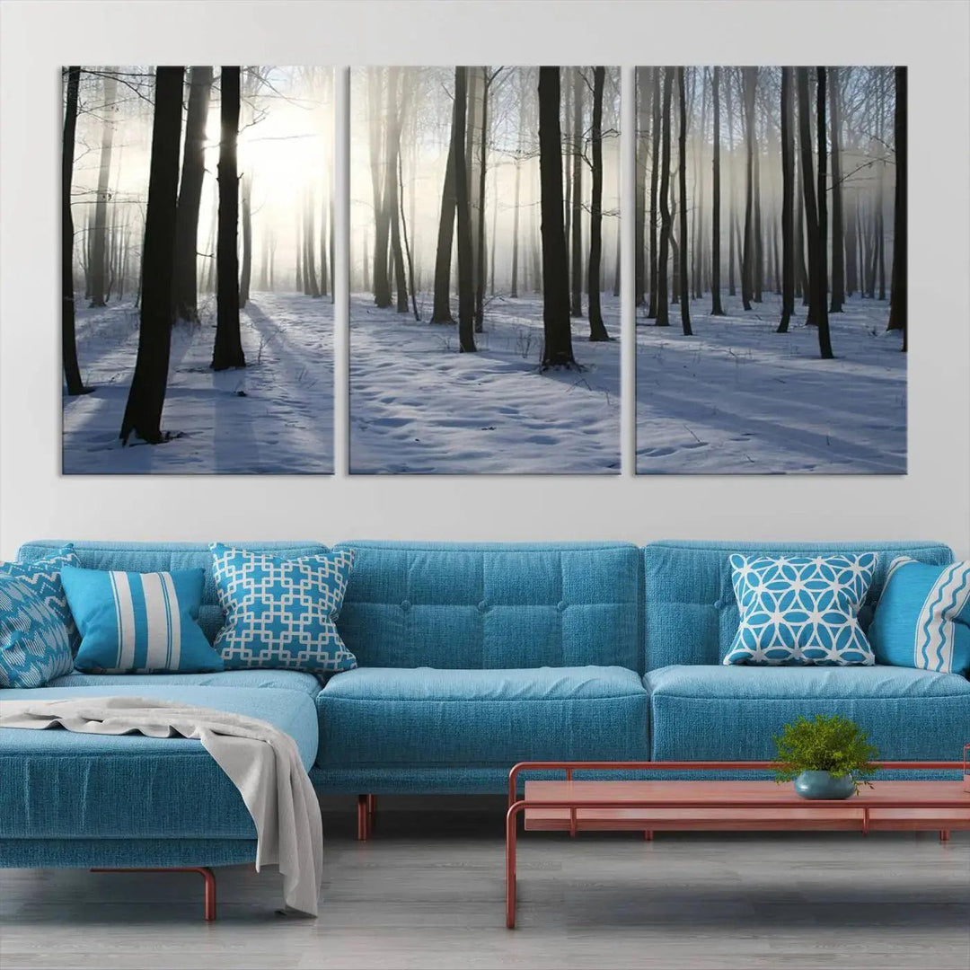 Snowy Forest with Sunshine in Winter Large Wall Art Canvas Print