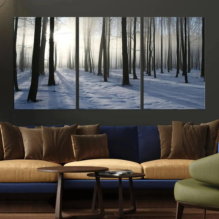 Snowy Forest with Sunshine in Winter Large Wall Art Canvas Print