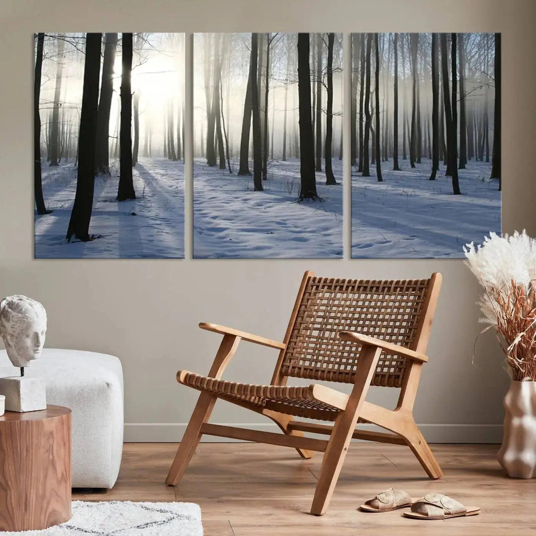 Snowy Forest with Sunshine in Winter Large Wall Art Canvas Print