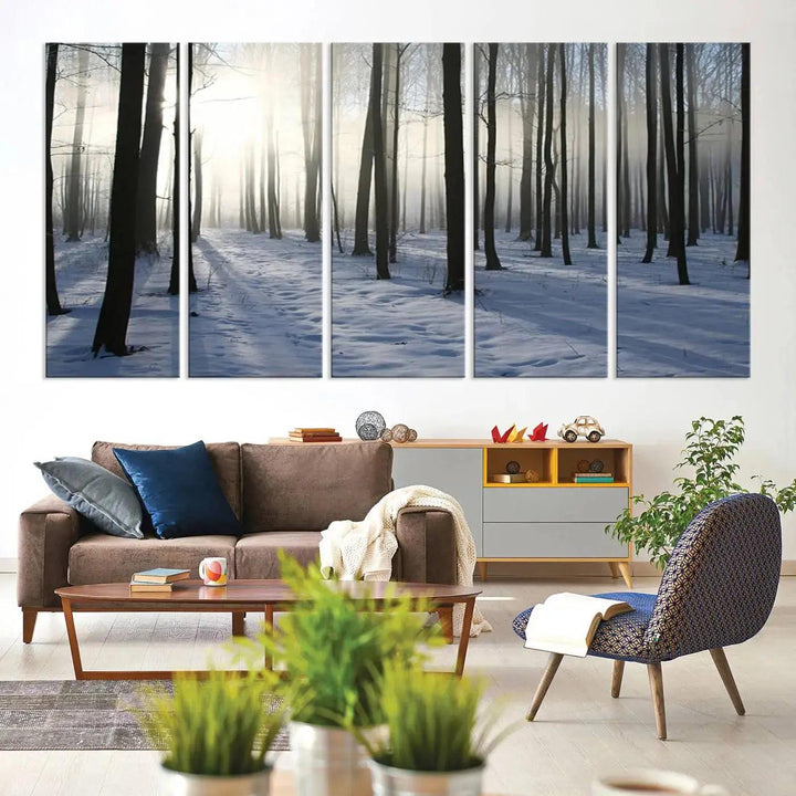 Snowy Forest with Sunshine in Winter Large Wall Art Canvas Print