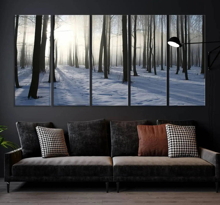 Snowy Forest with Sunshine in Winter Large Wall Art Canvas Print