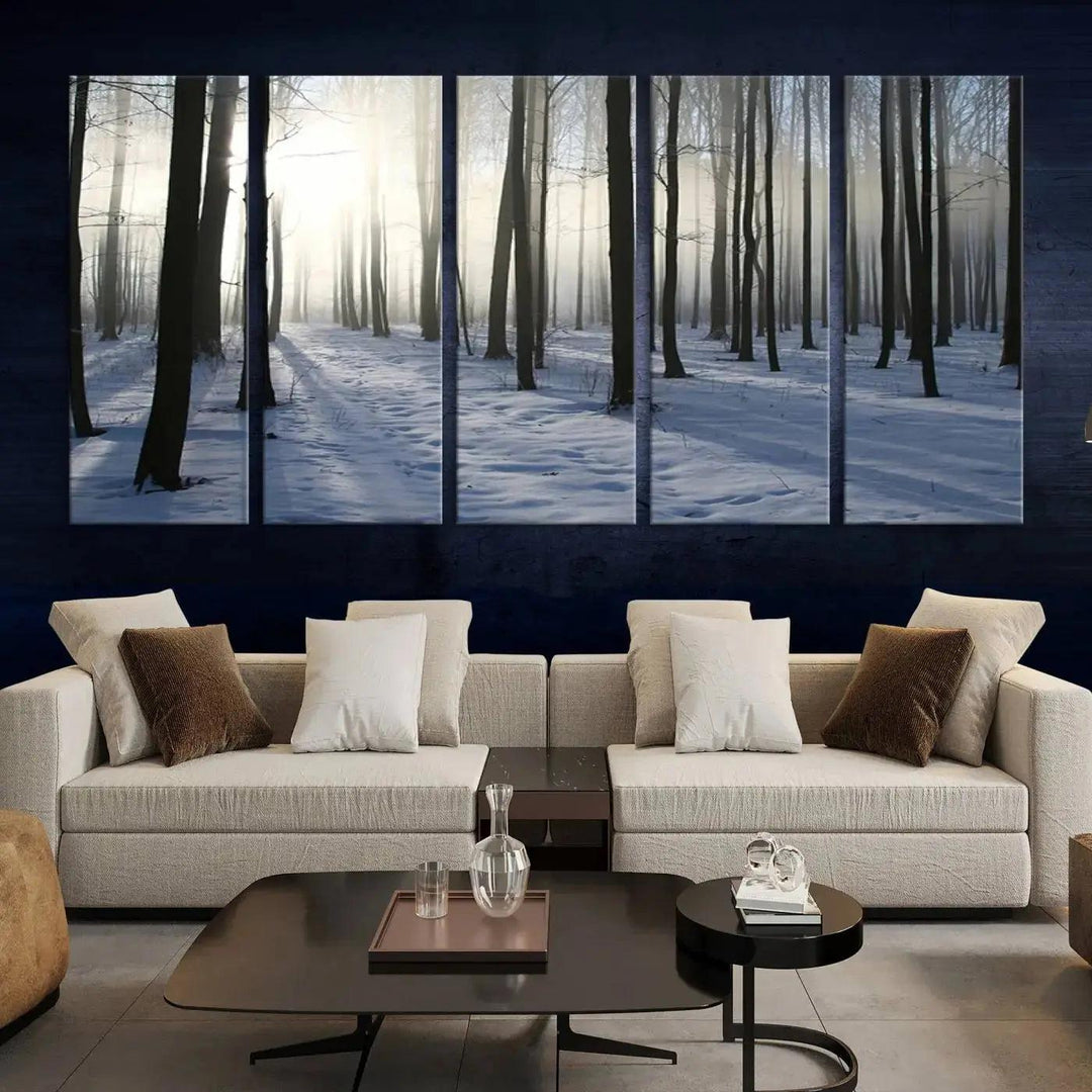 Snowy Forest with Sunshine in Winter Large Wall Art Canvas Print