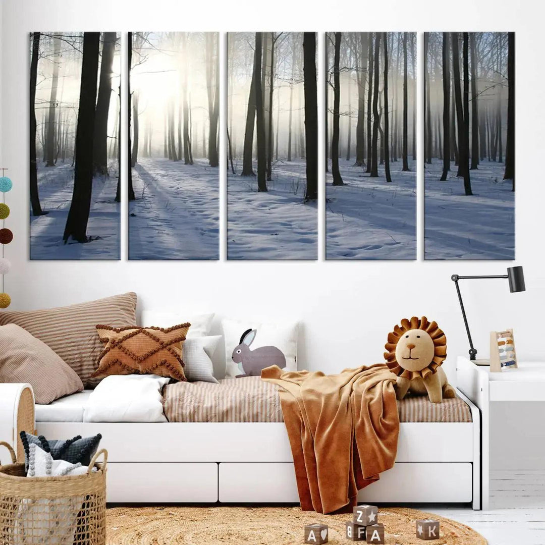 Snowy Forest with Sunshine in Winter Large Wall Art Canvas Print