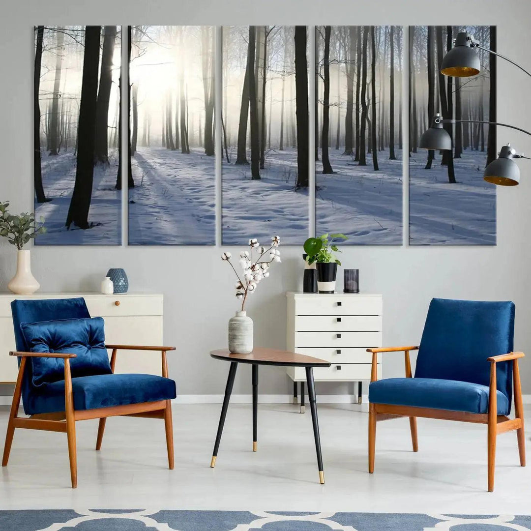 Snowy Forest with Sunshine in Winter Large Wall Art Canvas Print