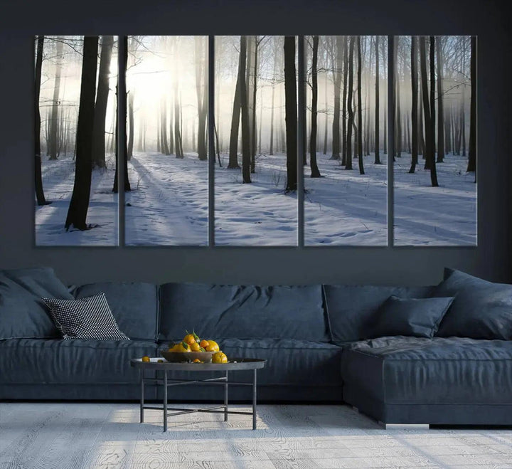 Snowy Forest with Sunshine in Winter Large Wall Art Canvas Print