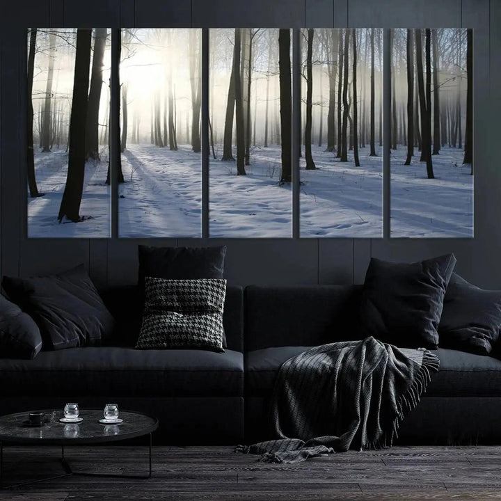 Snowy Forest with Sunshine in Winter Large Wall Art Canvas Print