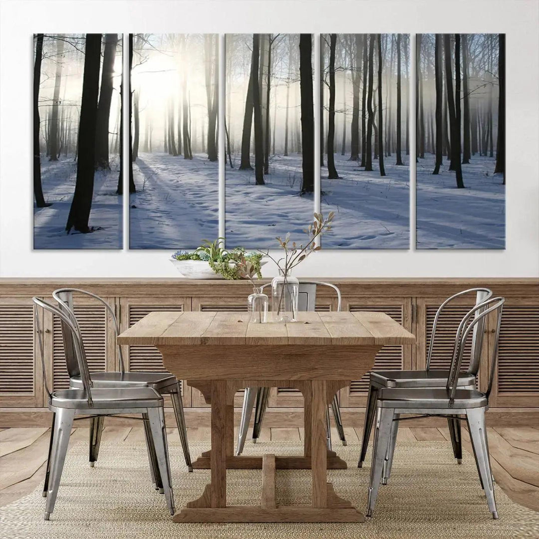 Snowy Forest with Sunshine in Winter Large Wall Art Canvas Print