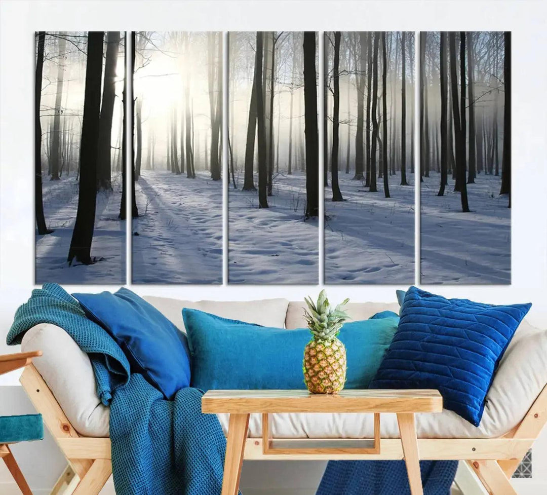 Snowy Forest with Sunshine in Winter Large Wall Art Canvas Print