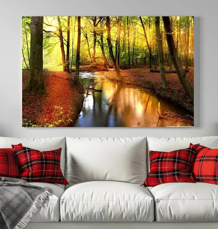 Stream inside Red and Green Colored Forest in Spring Large Wall Art Landscape Canvas Print