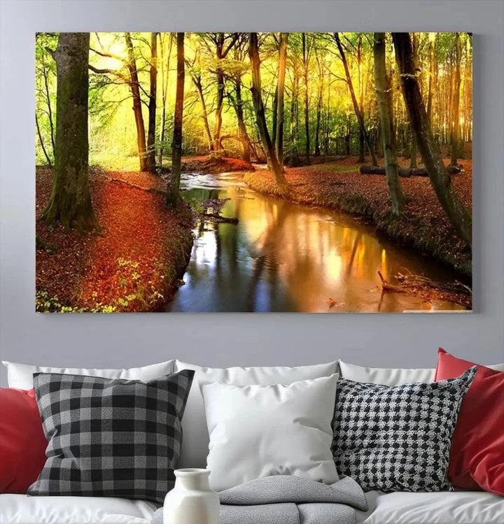 Stream inside Red and Green Colored Forest in Spring Large Wall Art Landscape Canvas Print