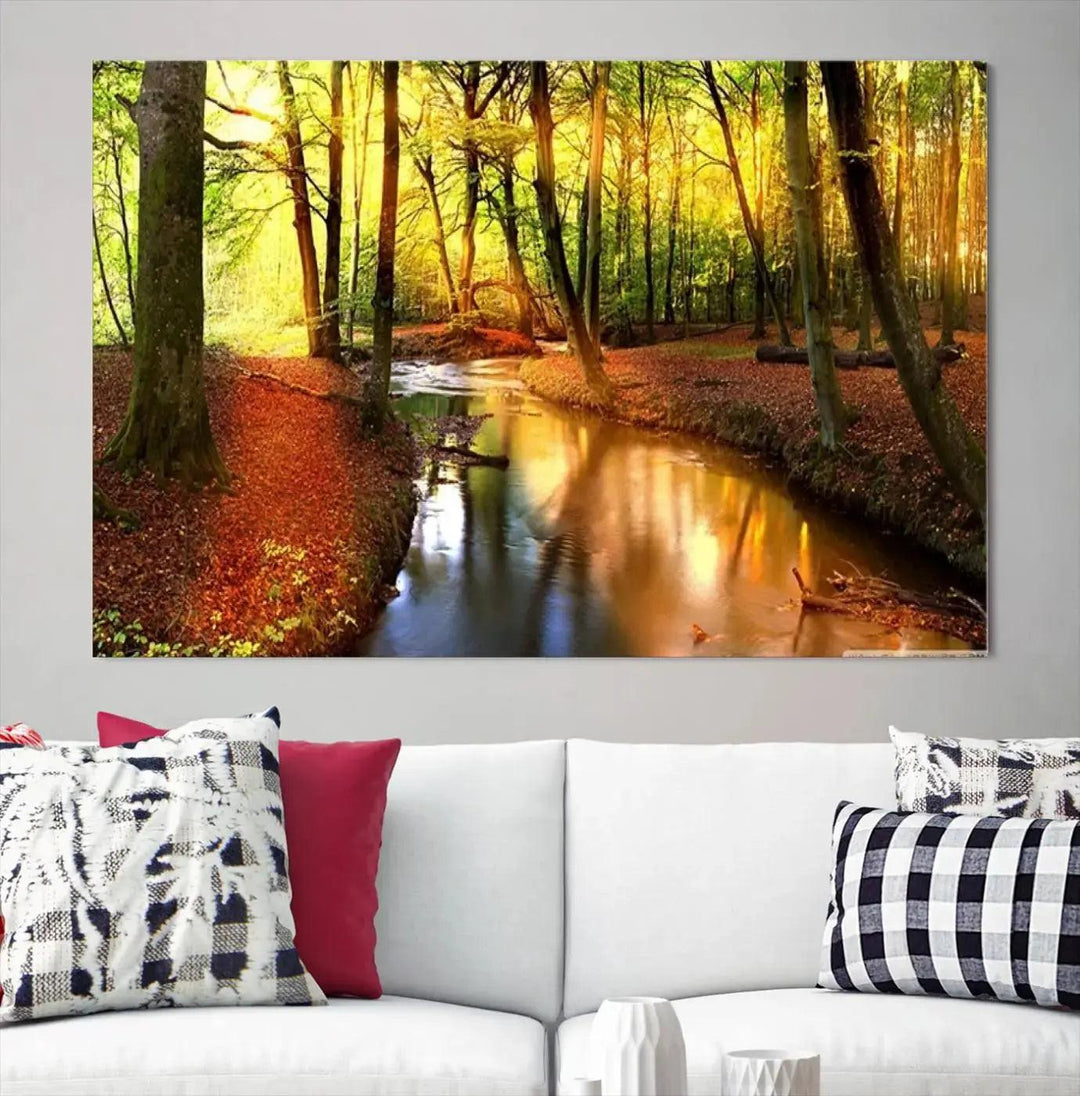 Stream inside Red and Green Colored Forest in Spring Large Wall Art Landscape Canvas Print