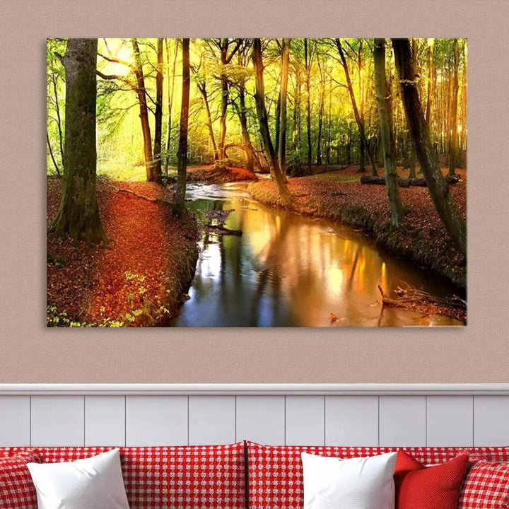 Stream inside Red and Green Colored Forest in Spring Large Wall Art Landscape Canvas Print