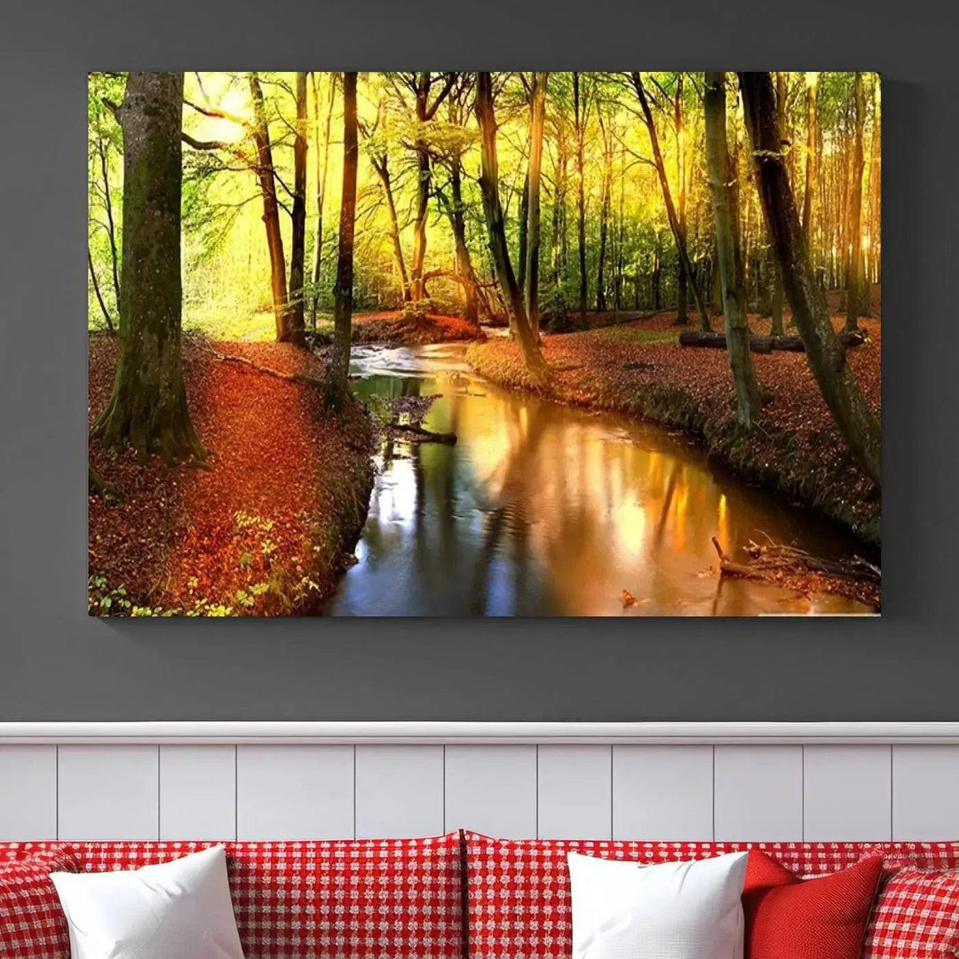 Stream inside Red and Green Colored Forest in Spring Large Wall Art Landscape Canvas Print