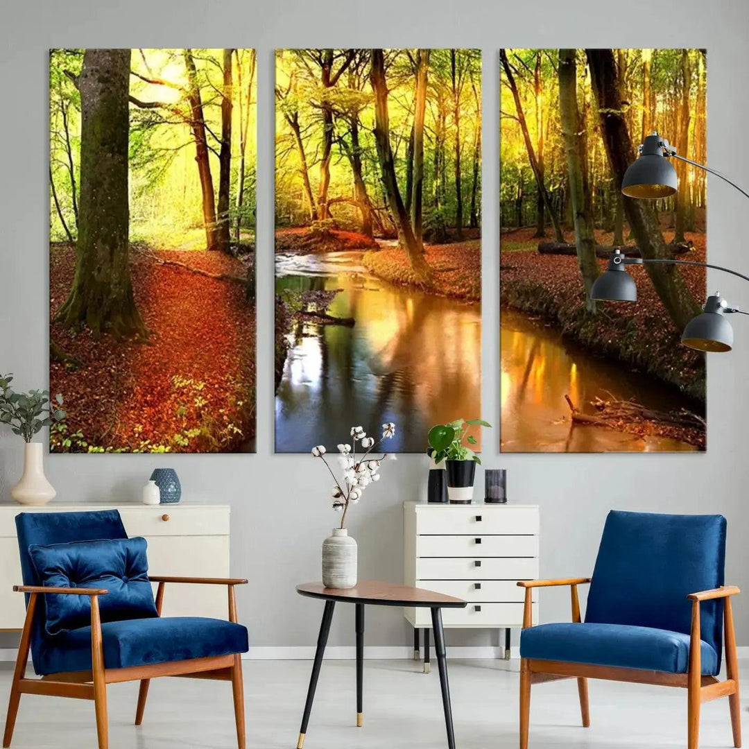 Stream inside Red and Green Colored Forest in Spring Large Wall Art Landscape Canvas Print