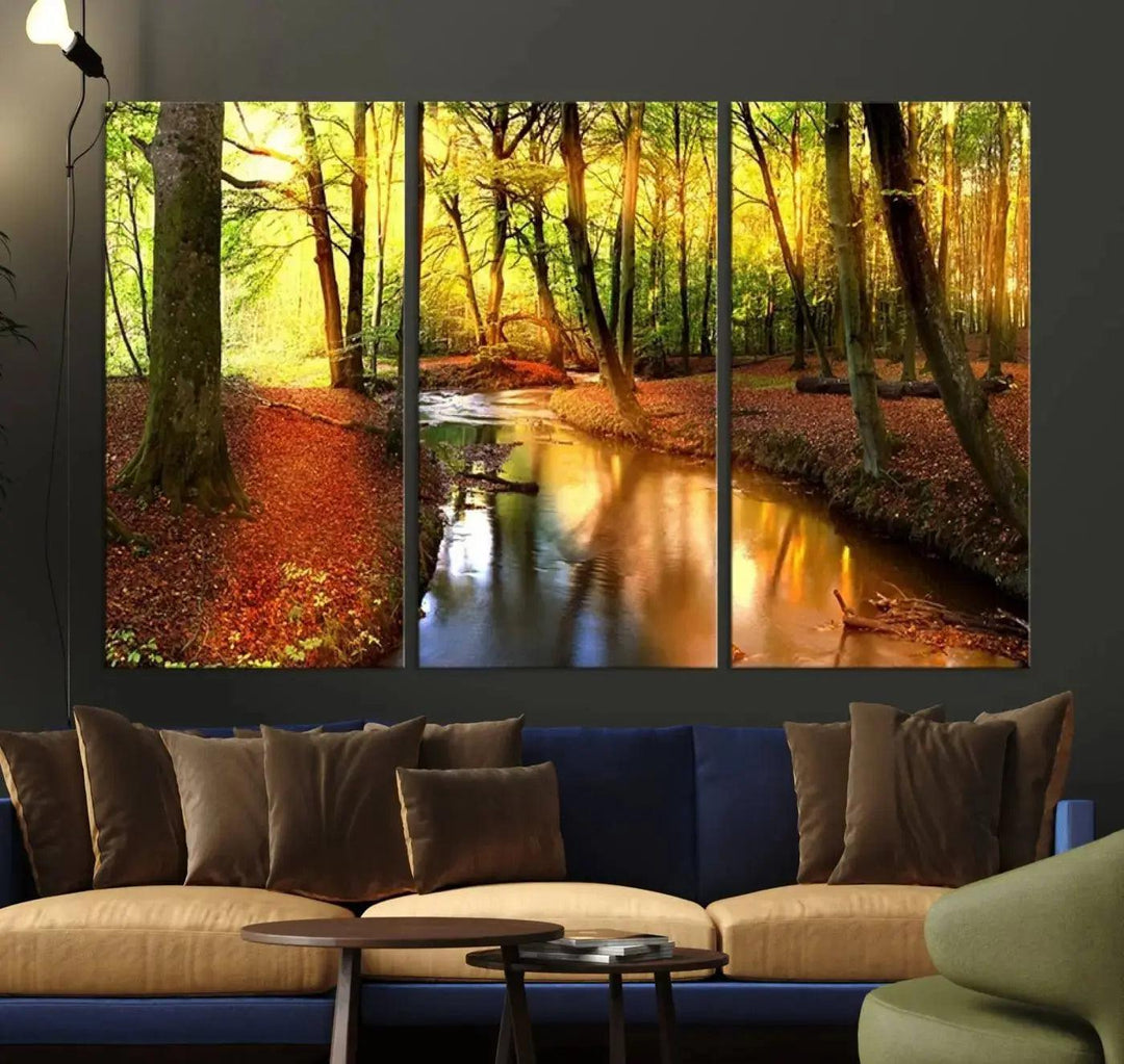 Stream inside Red and Green Colored Forest in Spring Large Wall Art Landscape Canvas Print