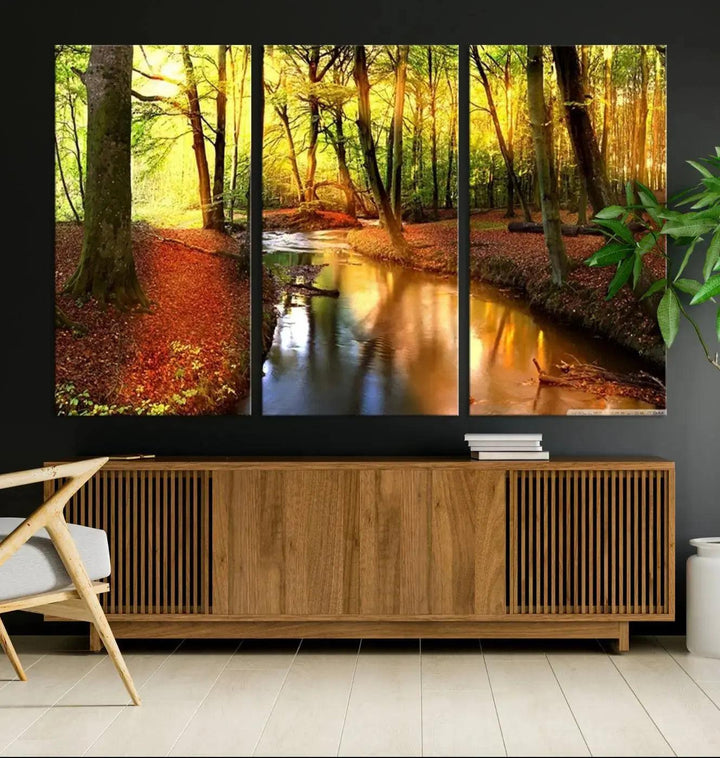 Stream inside Red and Green Colored Forest in Spring Large Wall Art Landscape Canvas Print