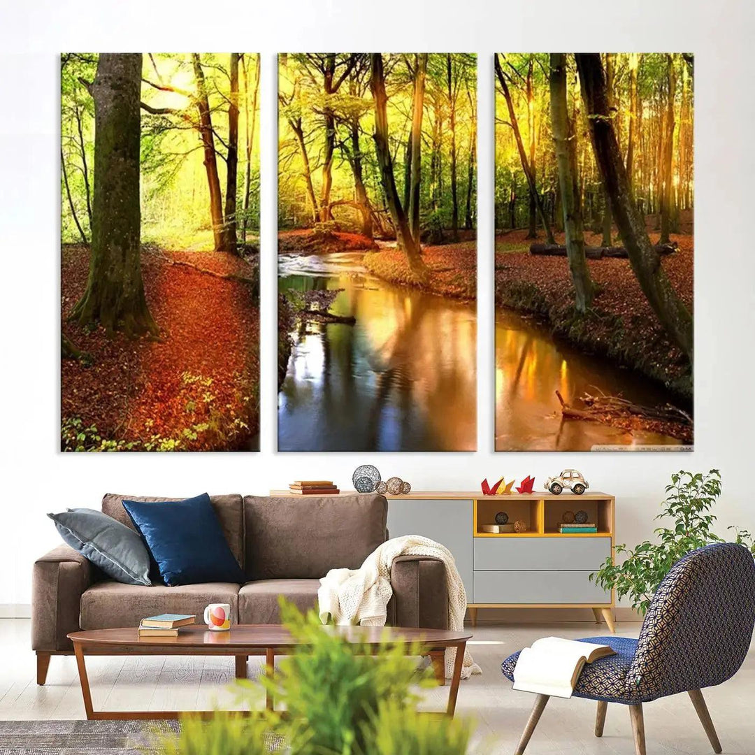 Stream inside Red and Green Colored Forest in Spring Large Wall Art Landscape Canvas Print