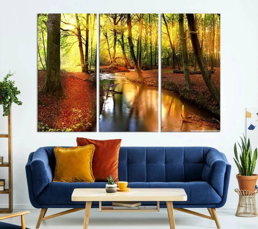 Stream inside Red and Green Colored Forest in Spring Large Wall Art Landscape Canvas Print